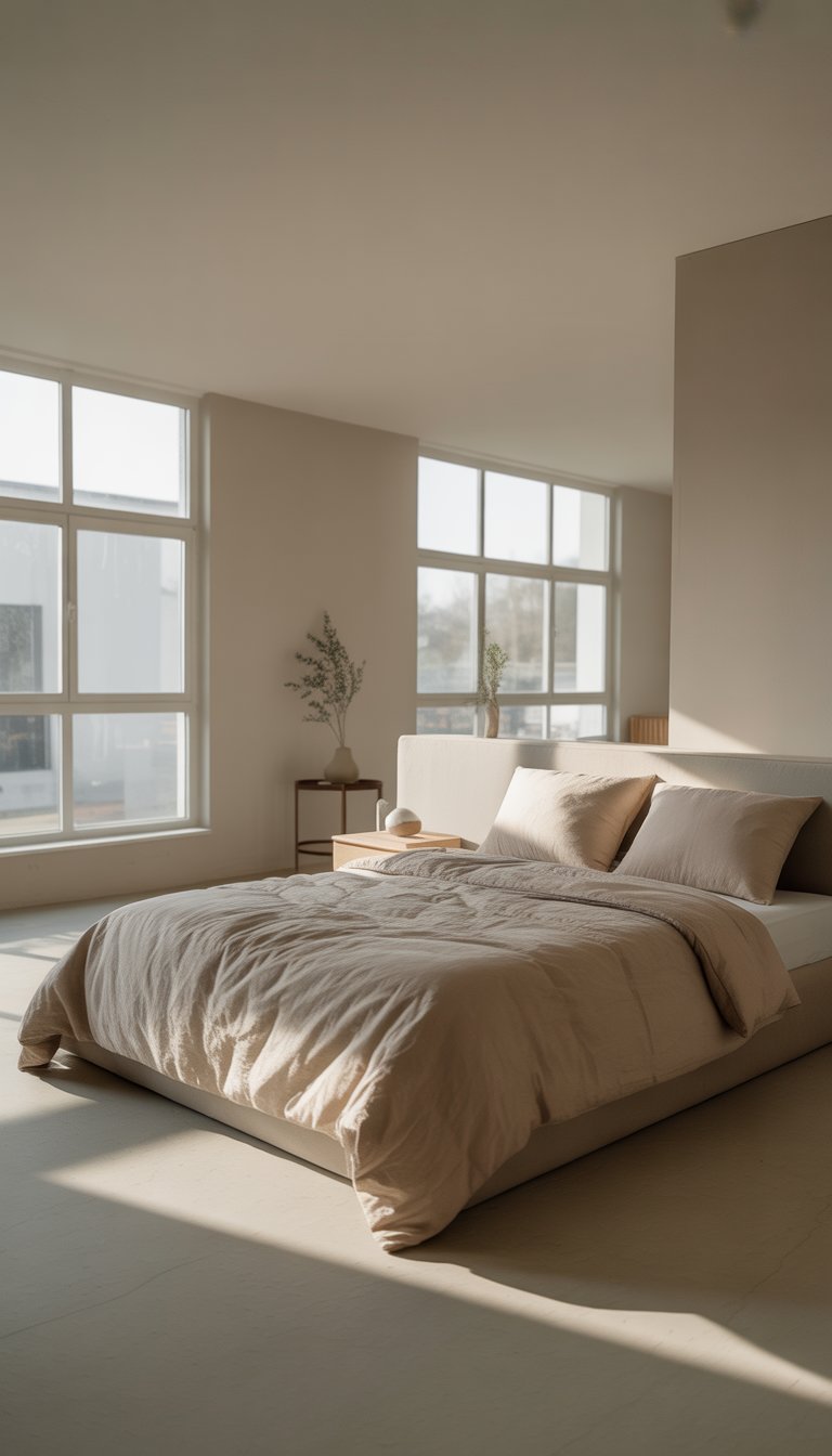 A clean and bright bedroom with a neatly made bed, two pillows, a bedside table with a lamp, and a small plant by a large window.