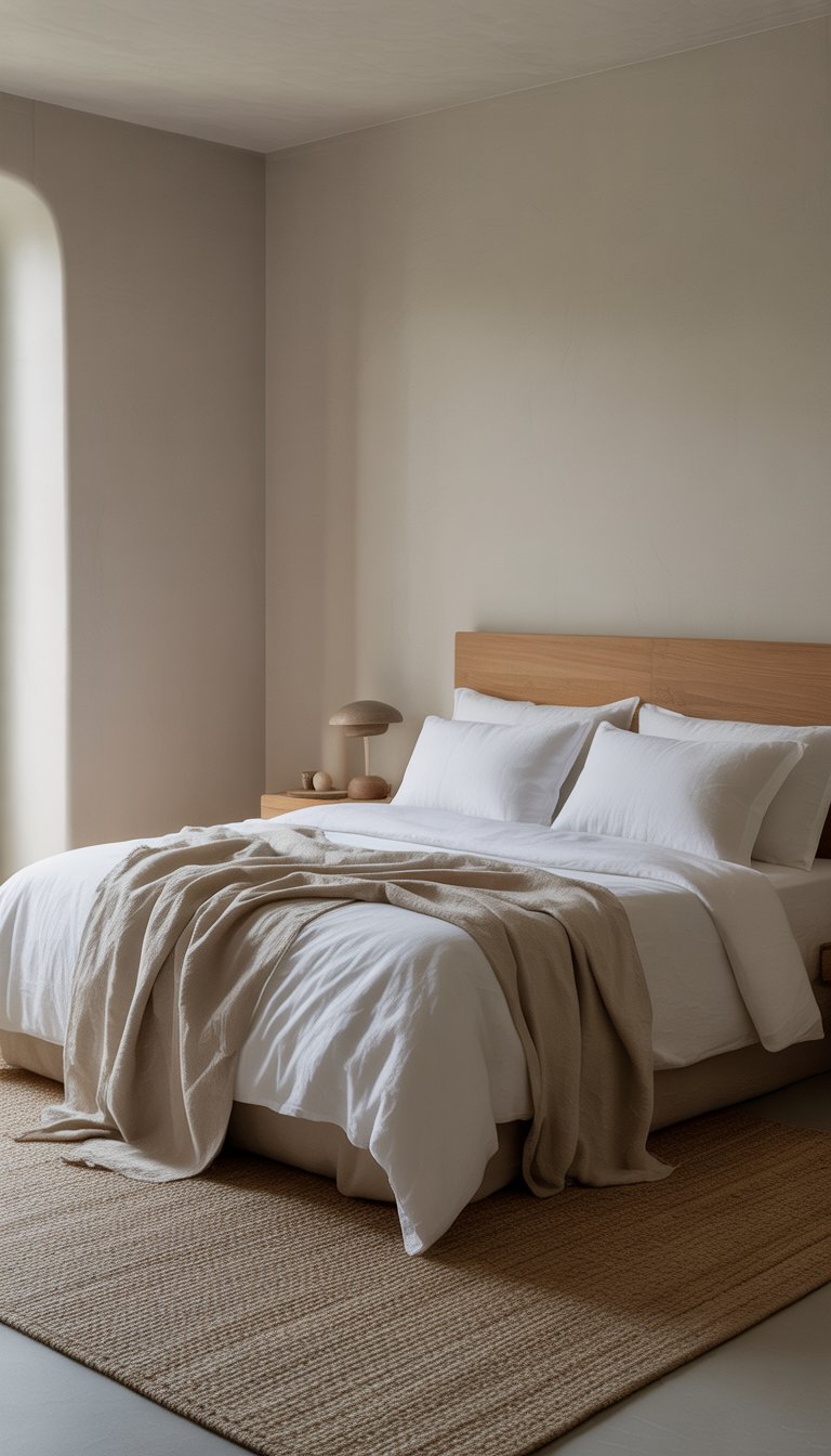 A clean and simple bedroom with a bed, wooden headboard, linen blanket, and natural light coming through a window.