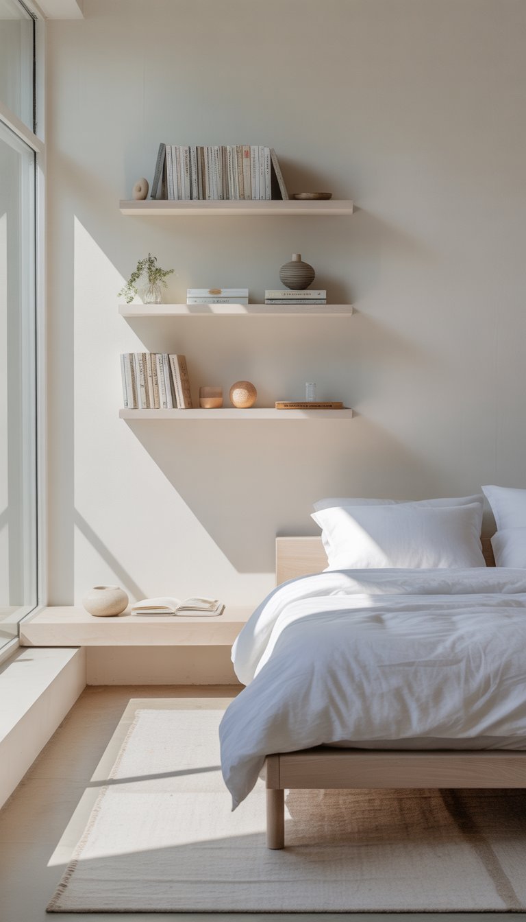 A bright bedroom with floating shelves holding books and decorations, a neatly made bed, and a clean, uncluttered floor.