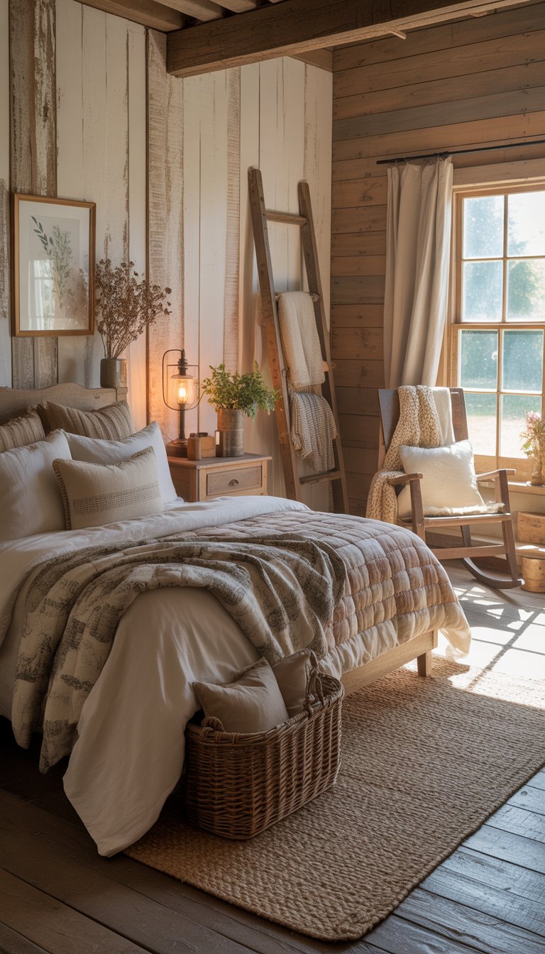 A cozy bedroom with a wooden bed, soft blankets, pillows, a nightstand with a lamp, a wicker basket, a window with curtains, and a rocking chair.