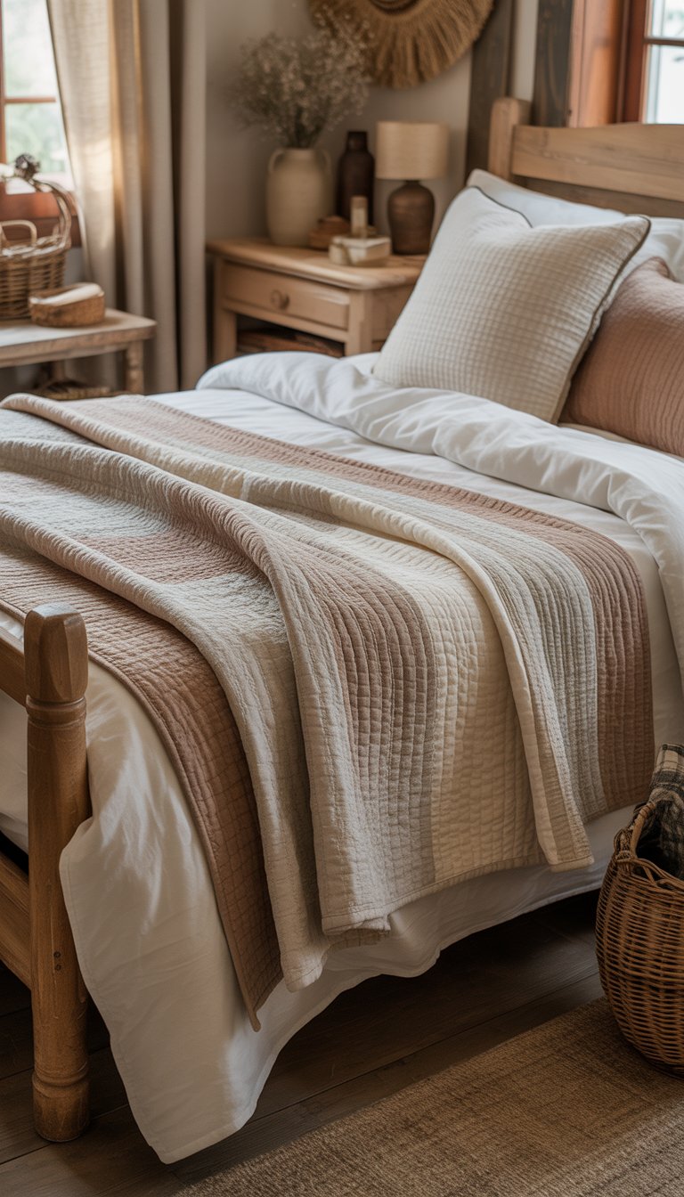 A bedroom with a wooden bed covered in layered handwoven cotton quilts, warm lighting, wooden furniture, and rustic decor items.