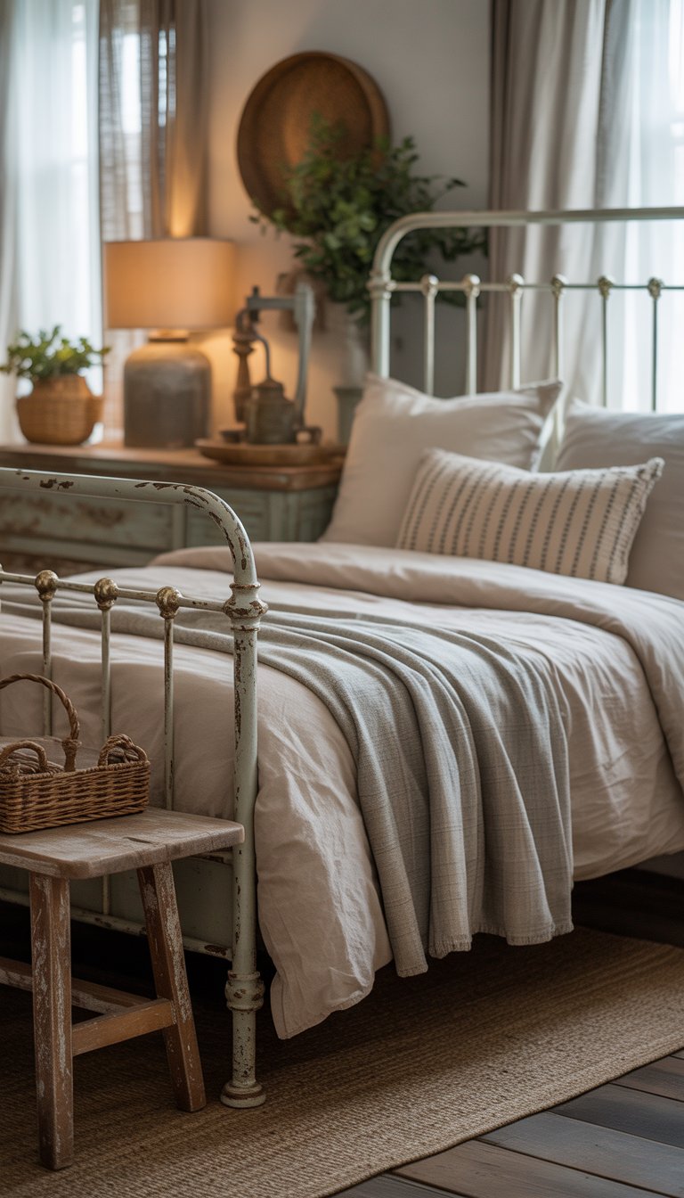 A bedroom with vintage metal bed frames, wooden furniture, soft natural light, and cozy bedding.