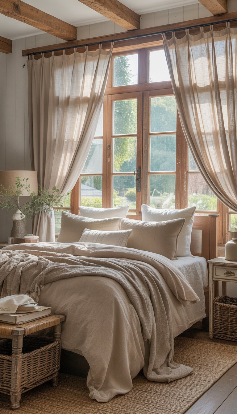 A cozy bedroom with soft linen curtains over large windows, a bed with layered blankets, wooden furniture, and natural light filling the room.