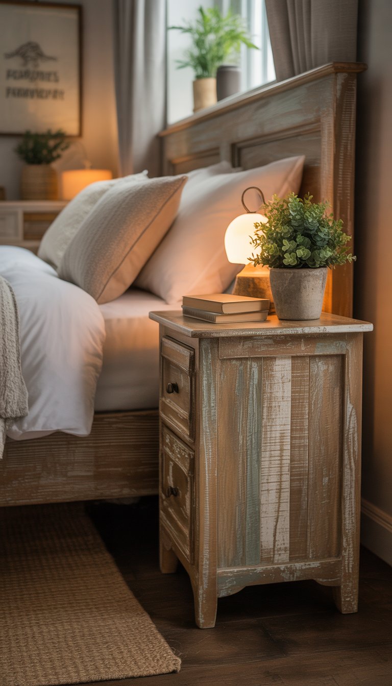 A bedroom with two wooden nightstands beside a bed, each with a lamp, a plant, and books, lit by natural light.