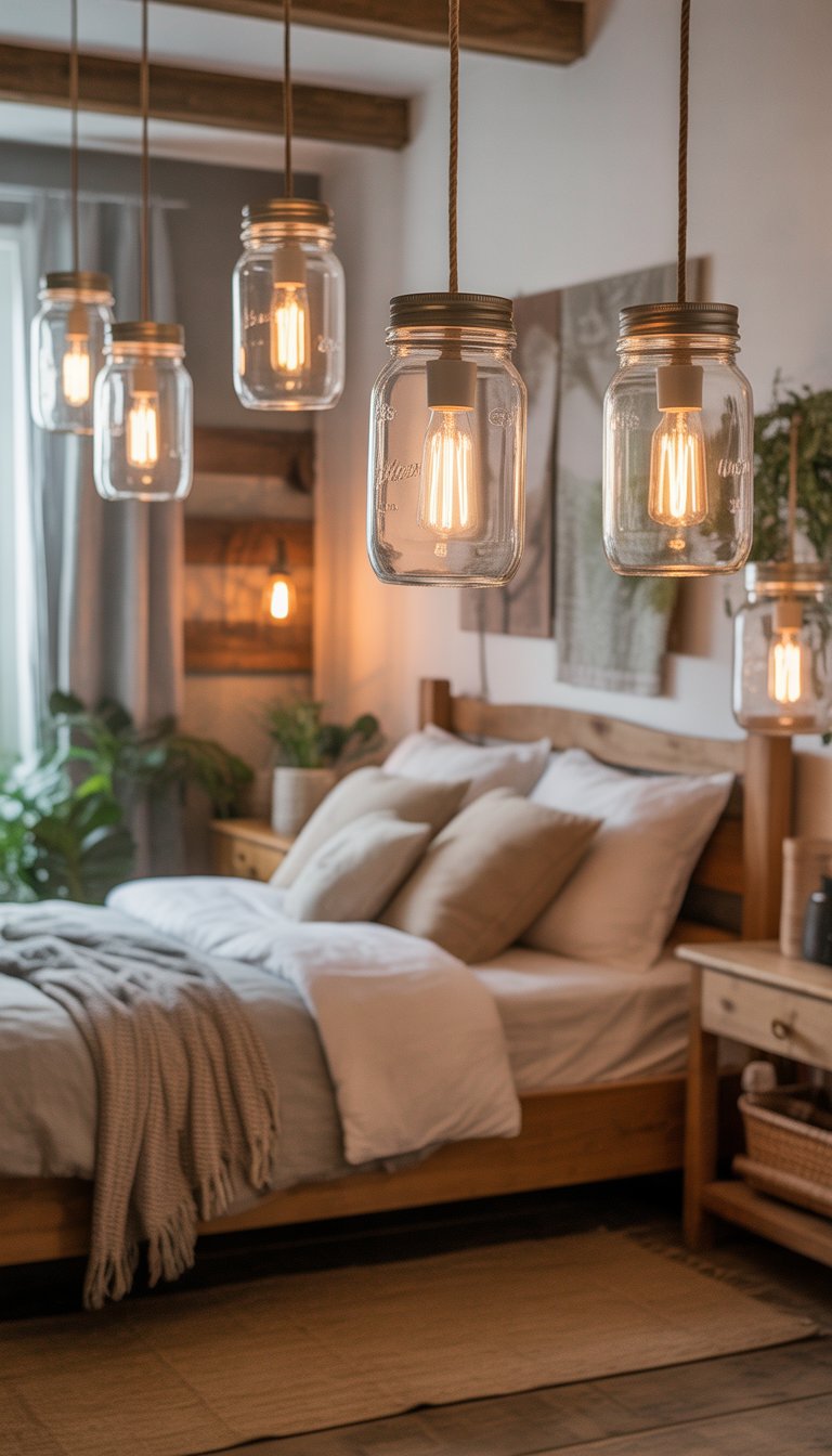 A bedroom with mason jar pendant lights hanging from the ceiling, a wooden bed with pillows and blankets, plants, and rustic furniture.
