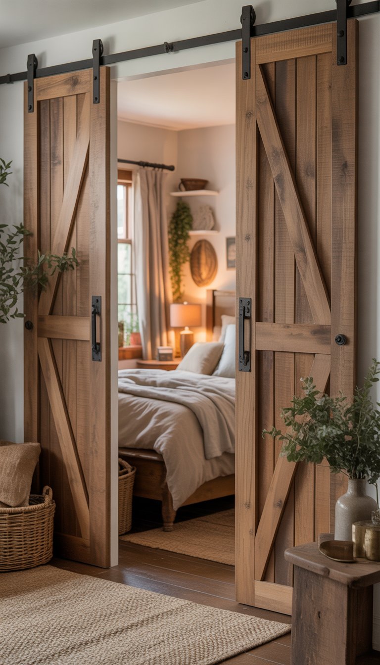 A cozy bedroom with a wooden sliding barn door closet, a bed with layered linens, a nightstand with a lamp, and decorative plants.