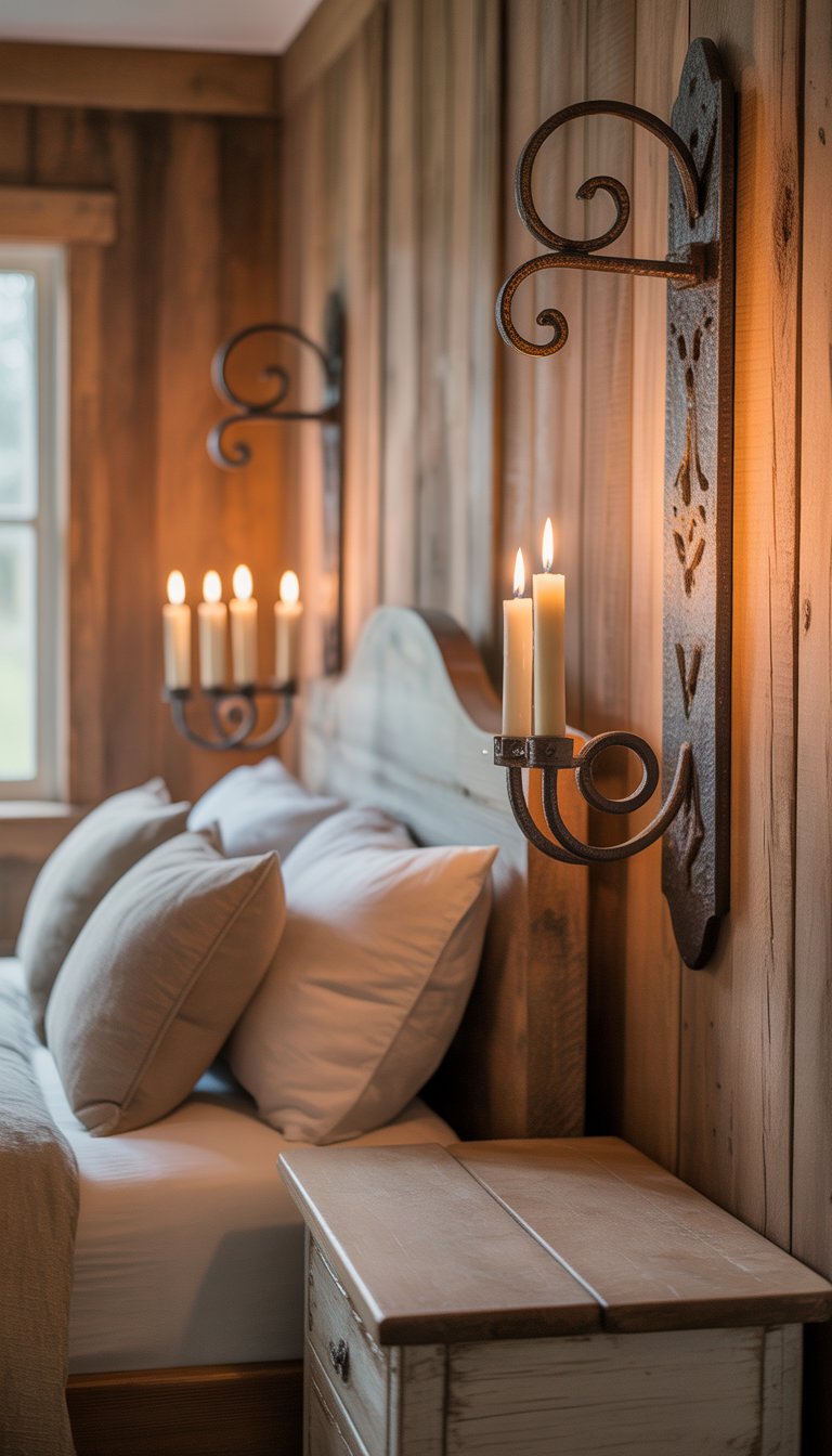 A bedroom with lit iron candle sconces on a wooden wall, a bed with pillows, and natural light coming through a window.