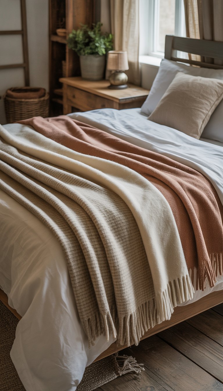 A bedroom with a bed covered in layered wool throw blankets and rustic wooden furniture, softly lit by natural light.