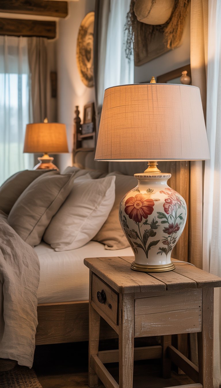 A bedroom with wooden bedside tables holding antique floral ceramic lamps glowing softly, surrounded by neutral bedding and natural light.