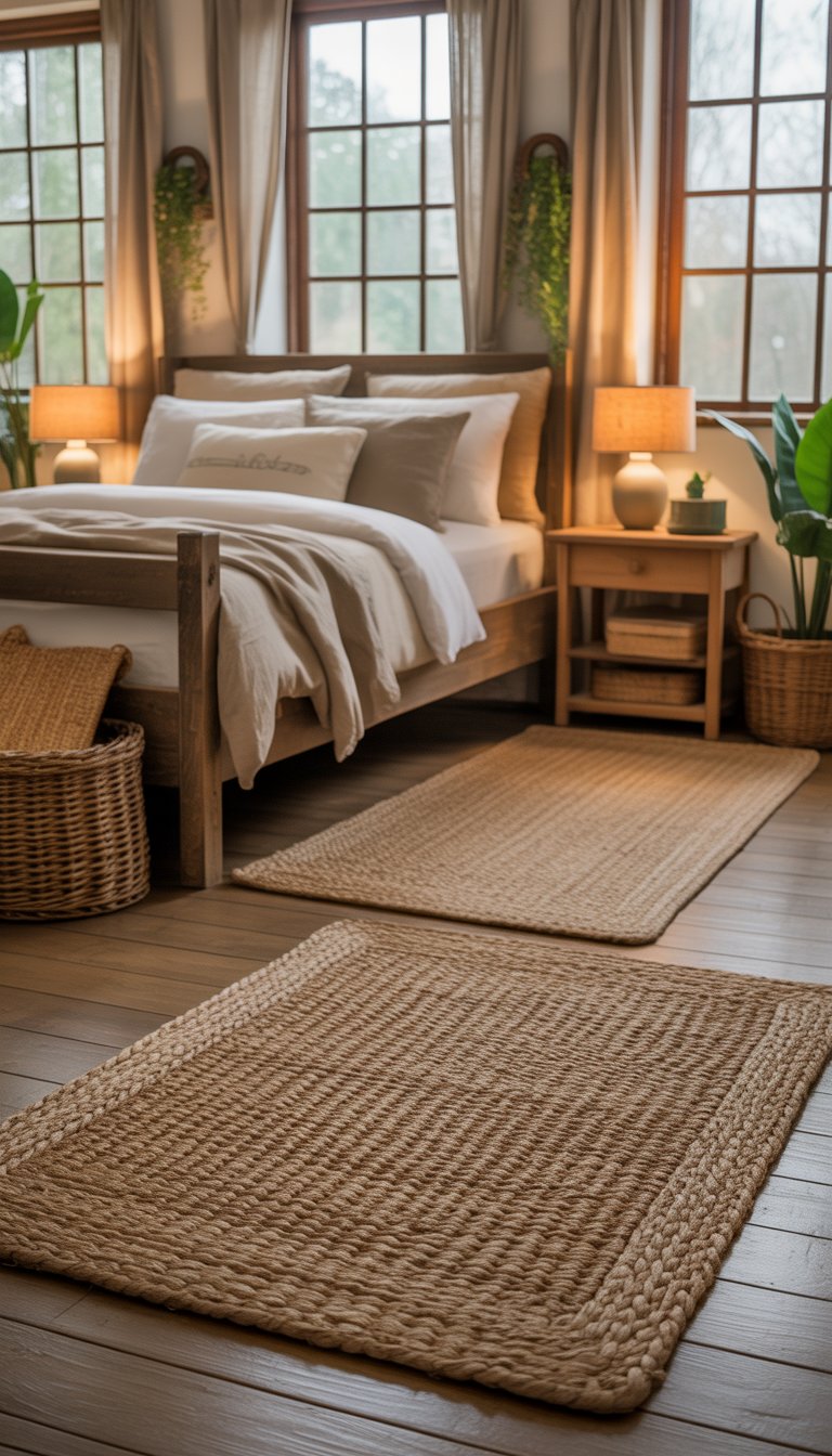 A bedroom with a wooden bed, woven jute rugs on the floor, plants, and natural light coming through the windows.