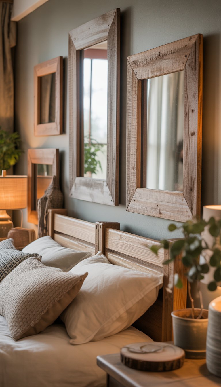 A bedroom with a wooden bed and reclaimed wood picture frames hanging on the wall above it, surrounded by cozy bedding and plants.