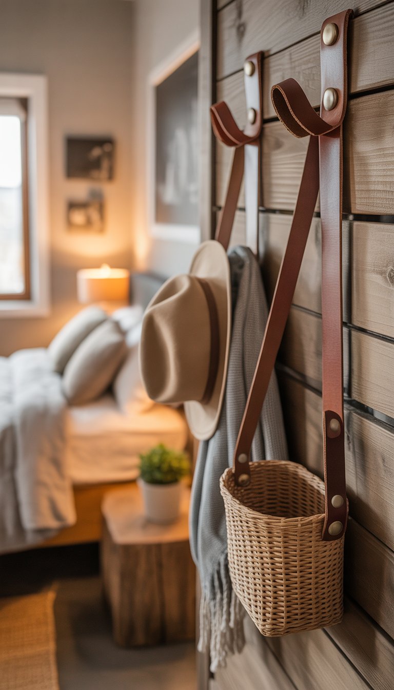 A bedroom with leather strap wall hooks on a wooden wall holding hats and scarves, next to a bed and nightstand with a plant.