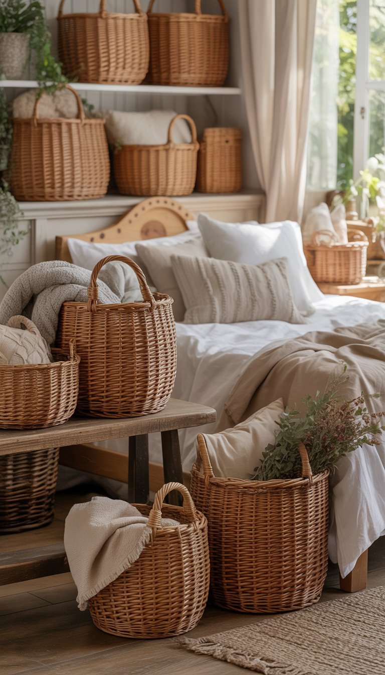 A cozy bedroom with wooden furniture, soft bedding, and several woven baskets arranged around the room filled with blankets and dried flowers.