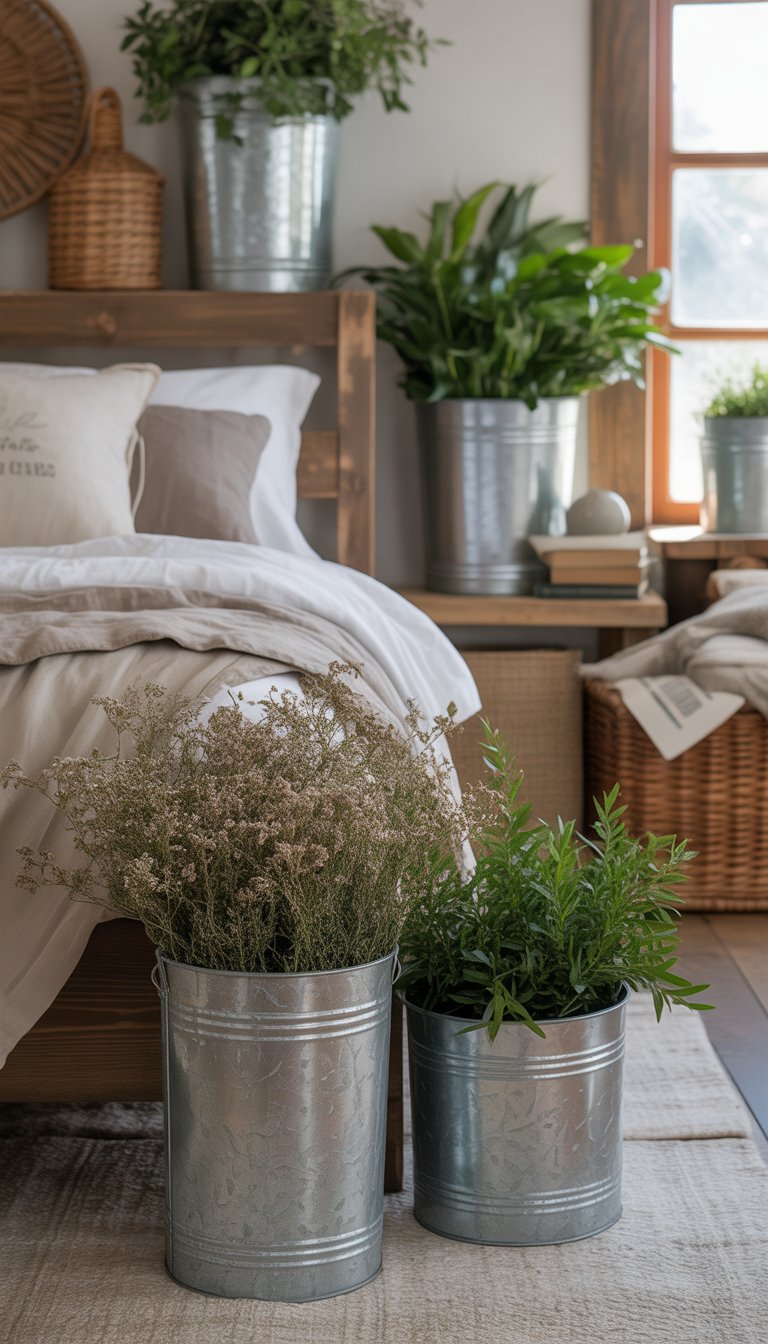 A bedroom with galvanized metal planters holding green plants, wooden furniture, and soft natural lighting.