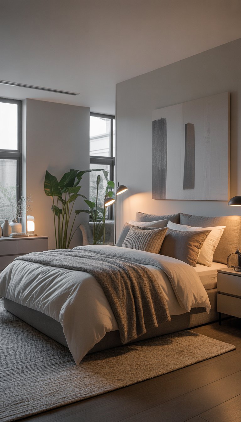 A modern bedroom with a neatly made bed, nightstand with lamp, large windows, and decorative plants creating a comfortable and inviting space.