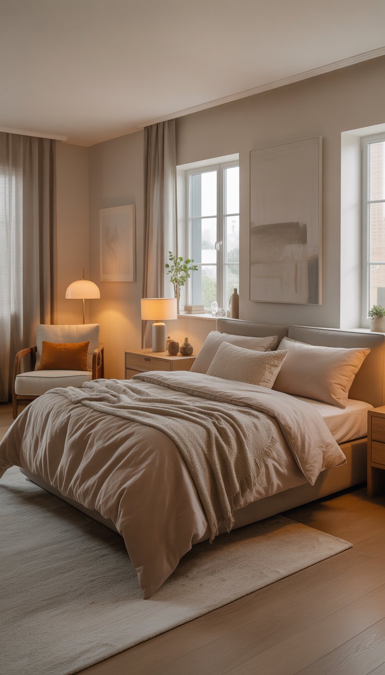 A modern bedroom with a cozy bed, soft bedding, wooden nightstands, plants, and natural light coming through large windows.