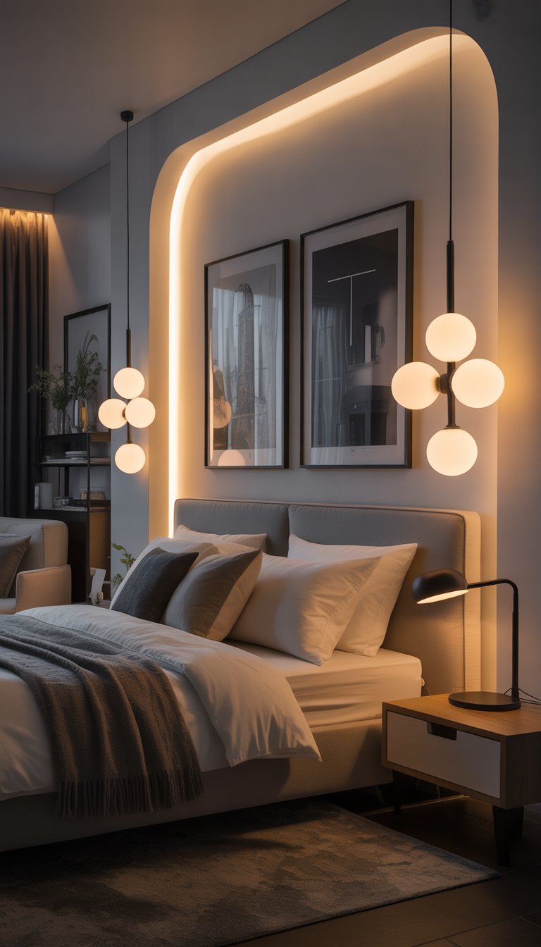 A modern bedroom with a bed, bedside lamps, and layered lighting creating a warm and inviting atmosphere.