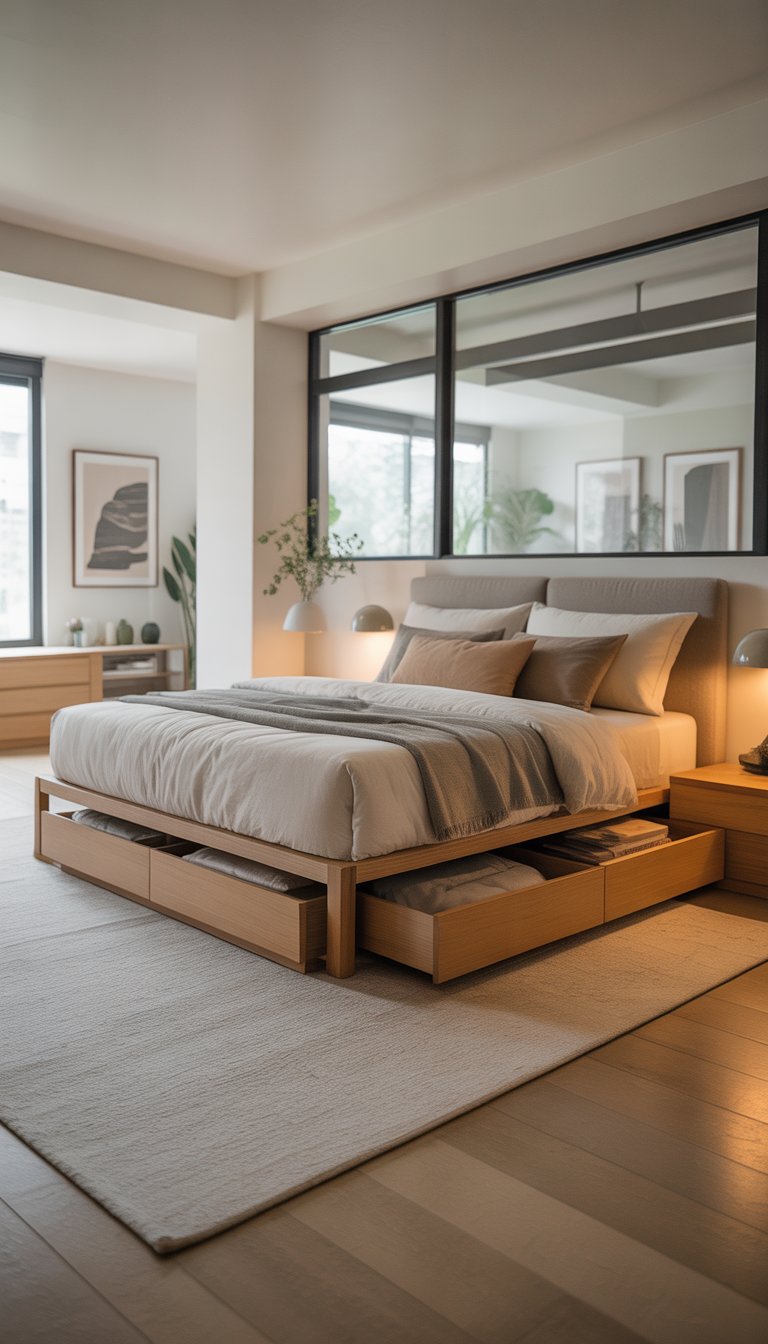 A modern bedroom with a platform bed that has built-in storage drawers underneath, natural light, and simple furnishings.