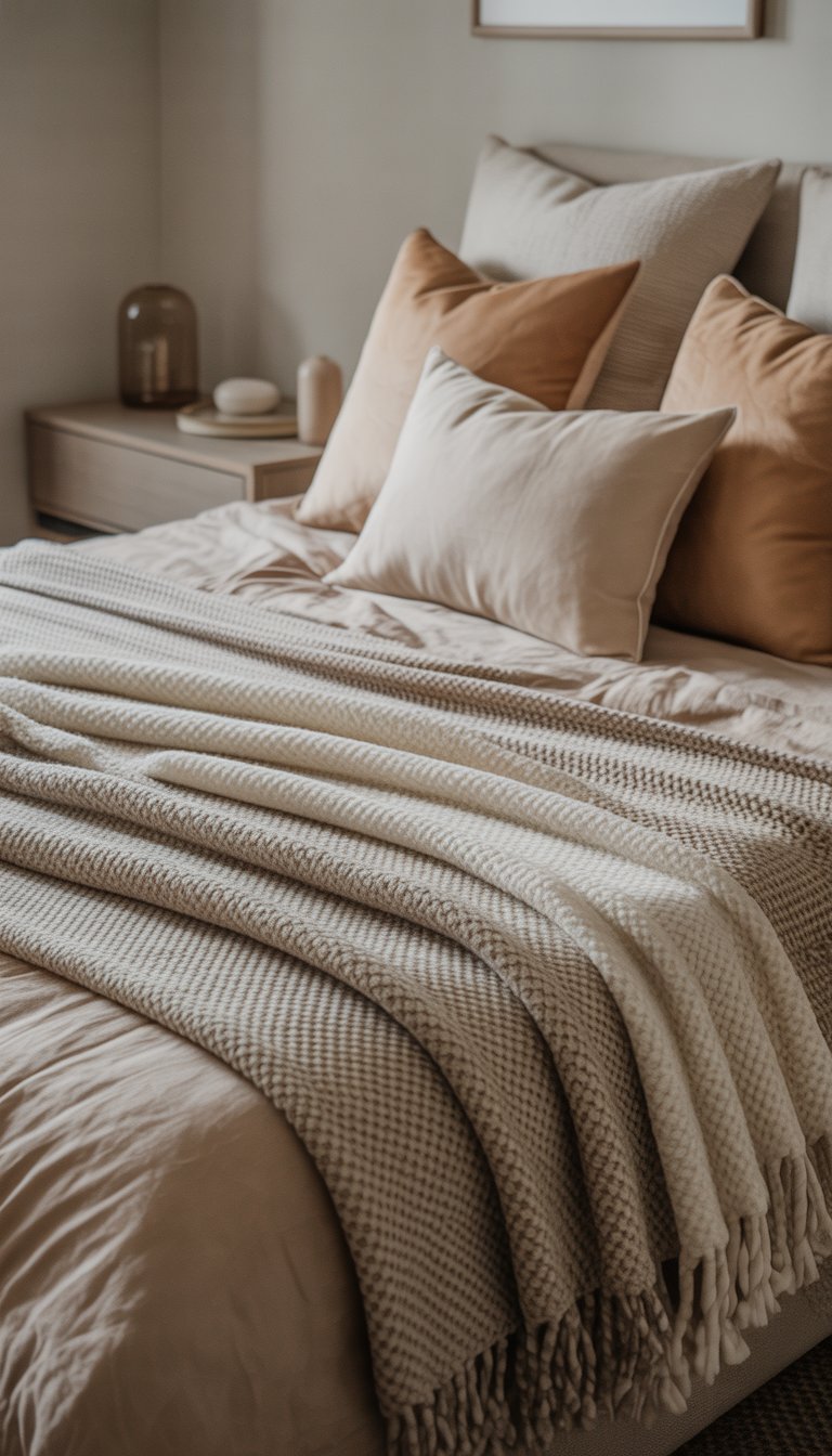 A neatly made bed with cozy textured throws and oversized pillows in a modern bedroom with soft natural lighting.