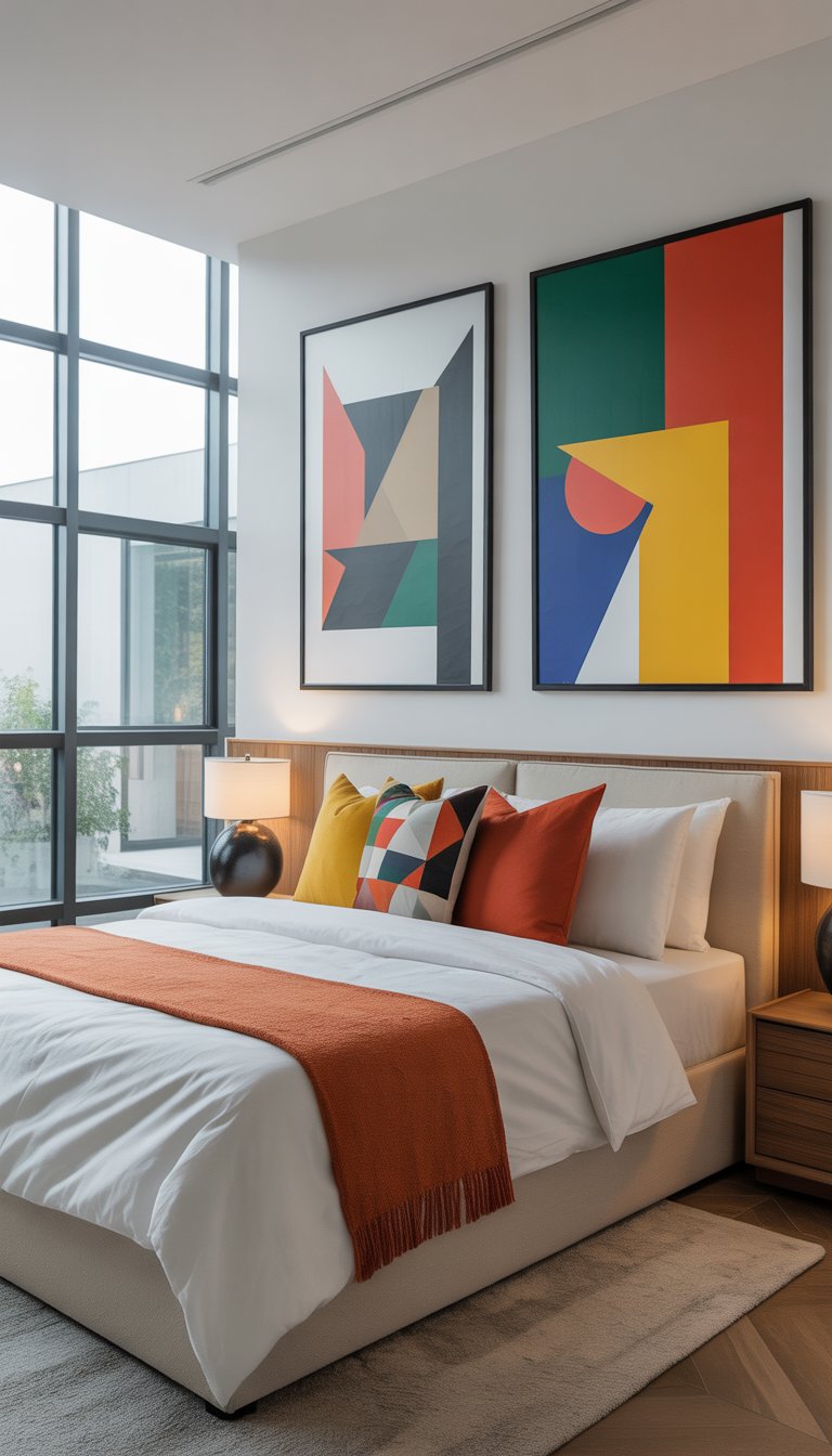 A modern bedroom with a neatly made bed, colorful pillows, abstract wall art, and natural light coming through large windows.