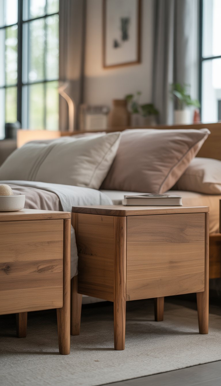 A bedroom with natural wood nightstands on each side of a bed, soft bedding, and a lamp on one nightstand.