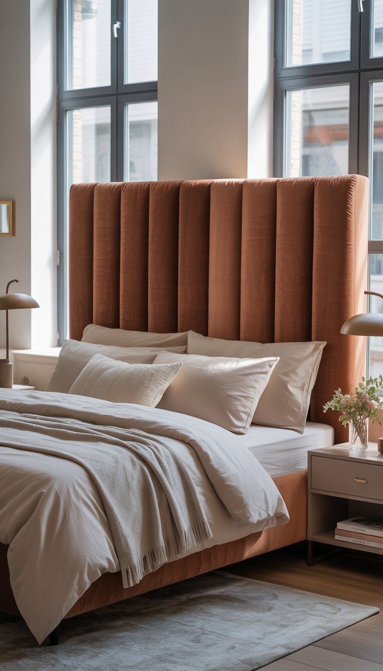 A bright bedroom with a plush upholstered headboard, neatly made bed, bedside tables with lamps, and natural light coming through windows.