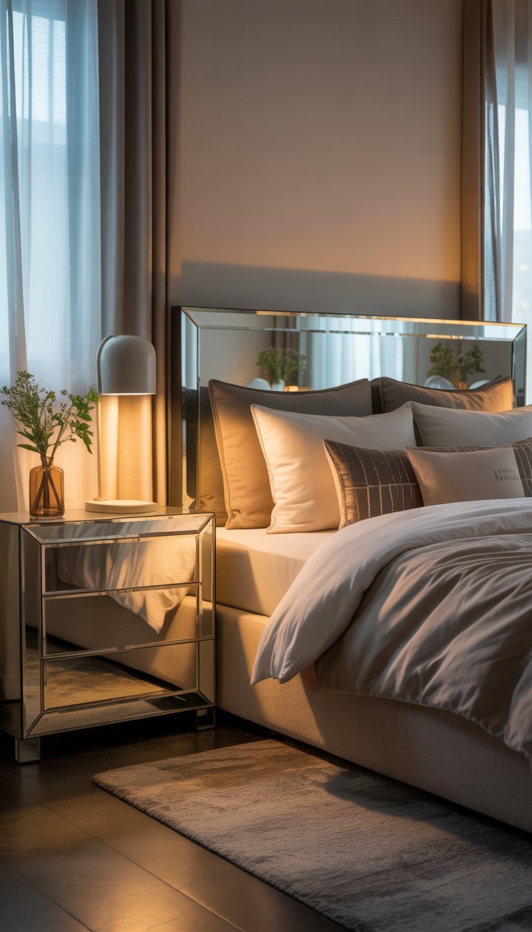 A modern bedroom with a bed, mirrored dresser and nightstands, soft lighting, and simple decor creating a cozy atmosphere.