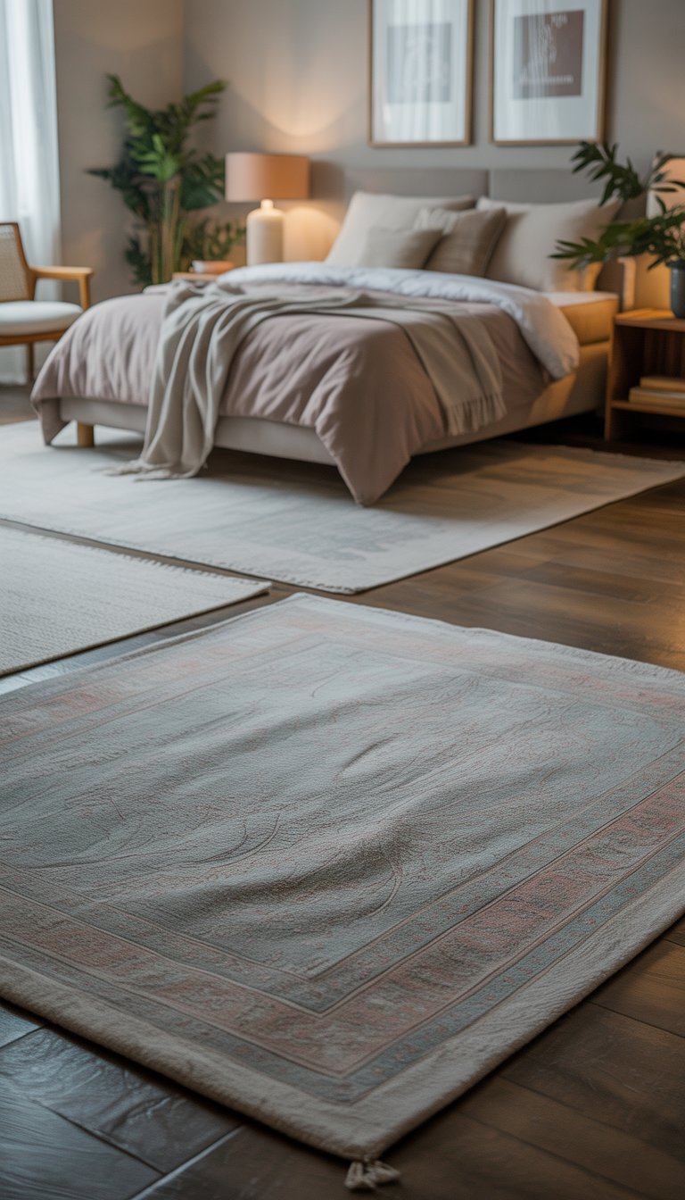 A modern bedroom with a bed, soft patterned area rugs, a bedside table, and natural light coming through a window.