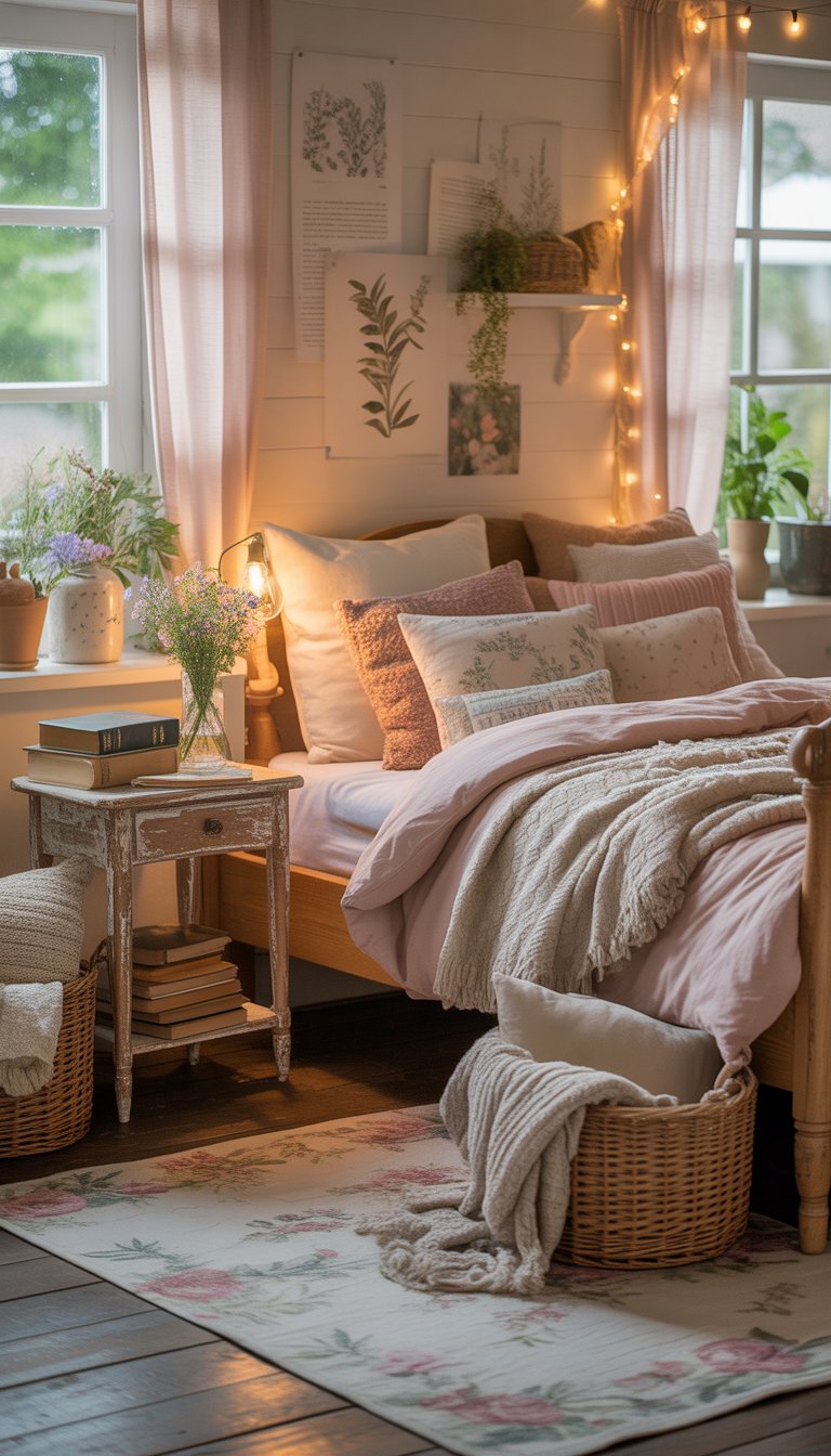 A cozy bedroom with a wooden bed, soft blankets, pillows, plants, and warm natural light coming through sheer curtains.