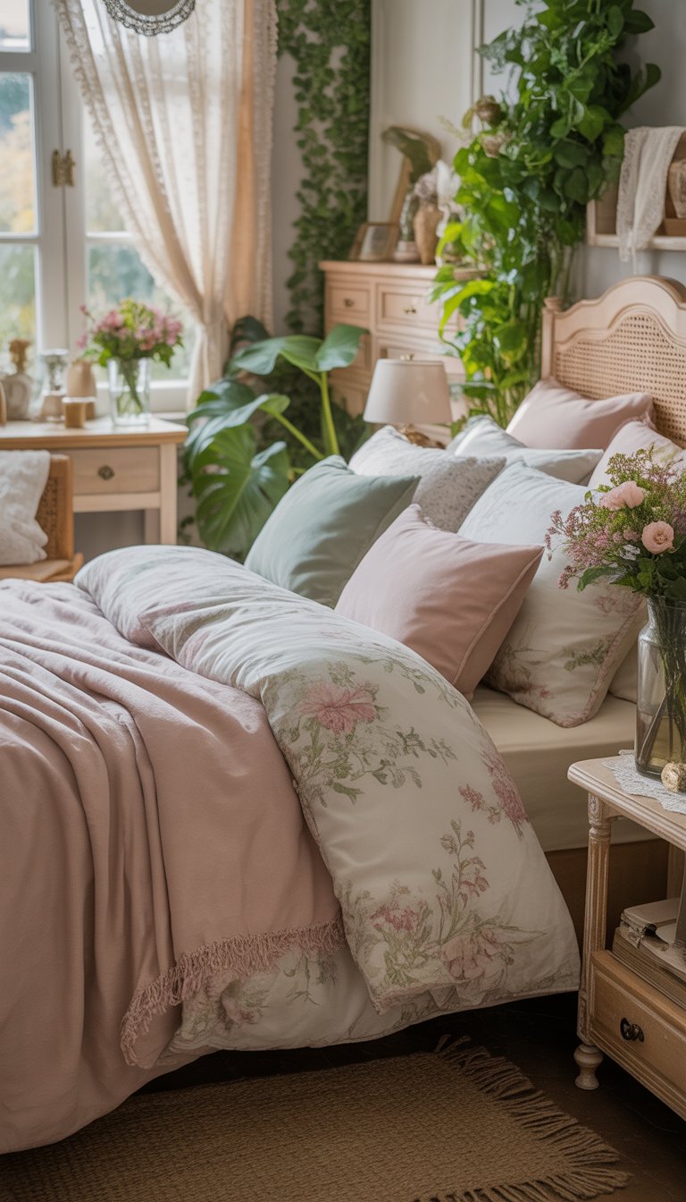 A cozy bedroom with soft pastel floral bedding, wooden furniture, plants, and natural light creating a warm and inviting atmosphere.