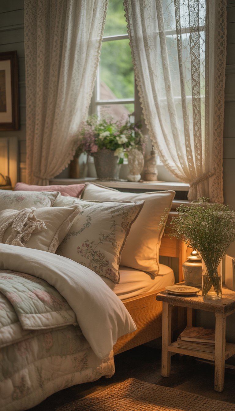 A cozy bedroom with vintage lace curtains, a wooden bed with soft bedding, a bedside table with flowers, and sunlight coming through a window.