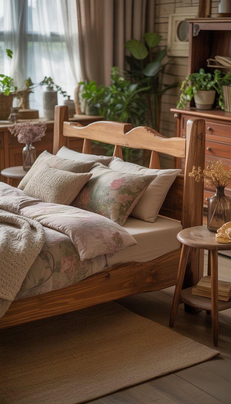 A wooden bed frame in a cozy bedroom with soft bedding, plants, and rustic furniture.