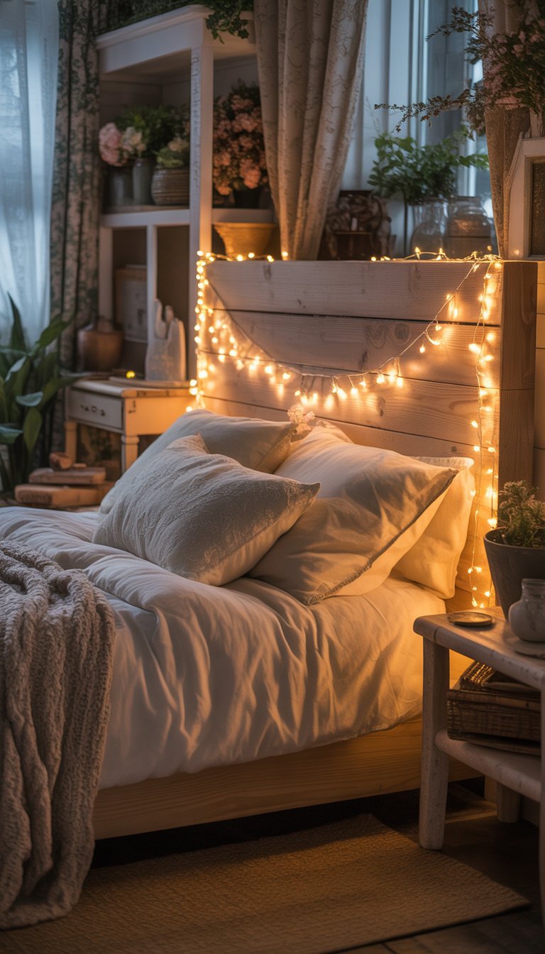 A cozy bedroom with a wooden headboard decorated with twinkling fairy lights, soft bedding, and rustic furniture.