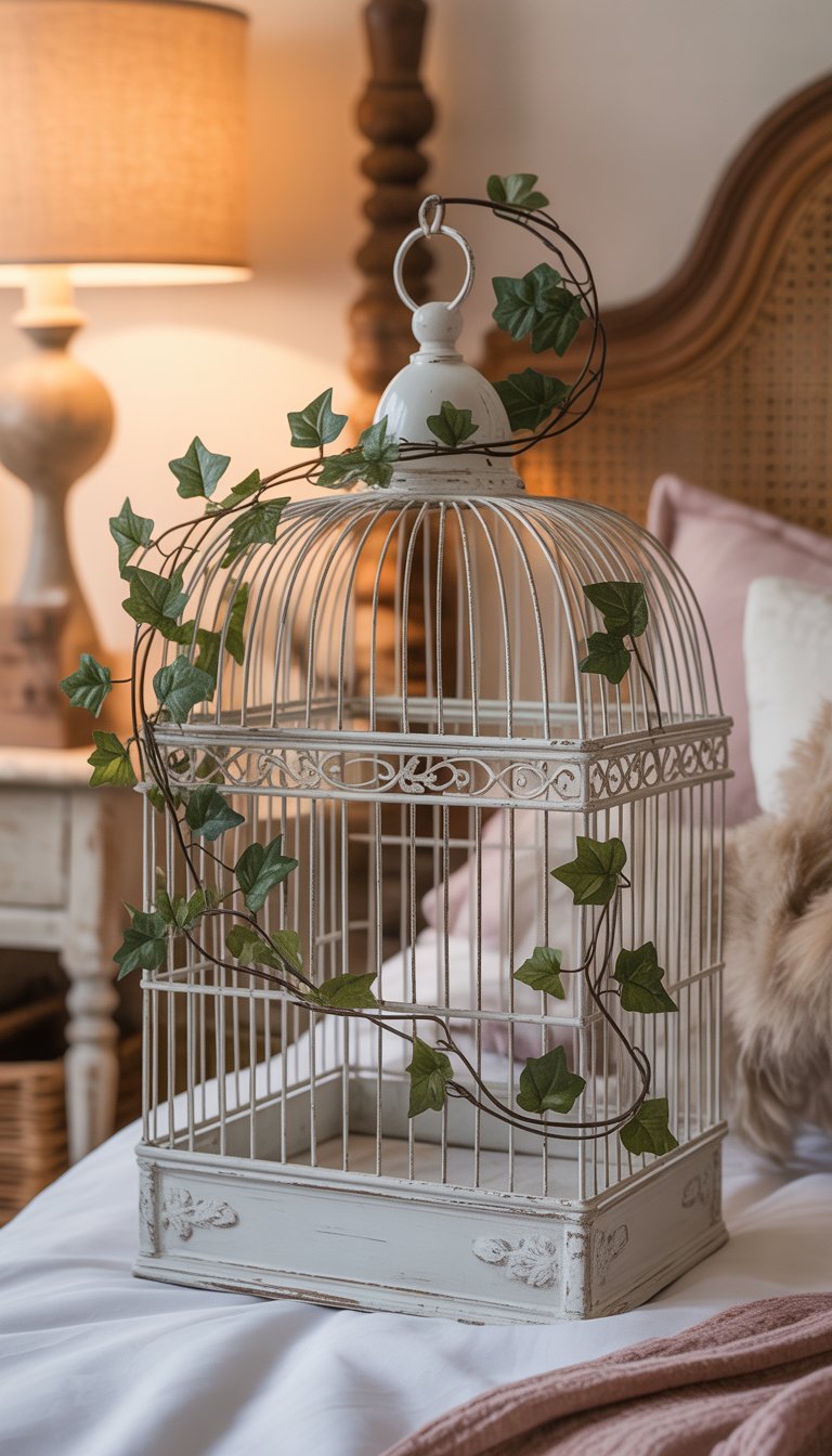 An antique white birdcage decorated with trailing green ivy placed in a cozy bedroom setting.