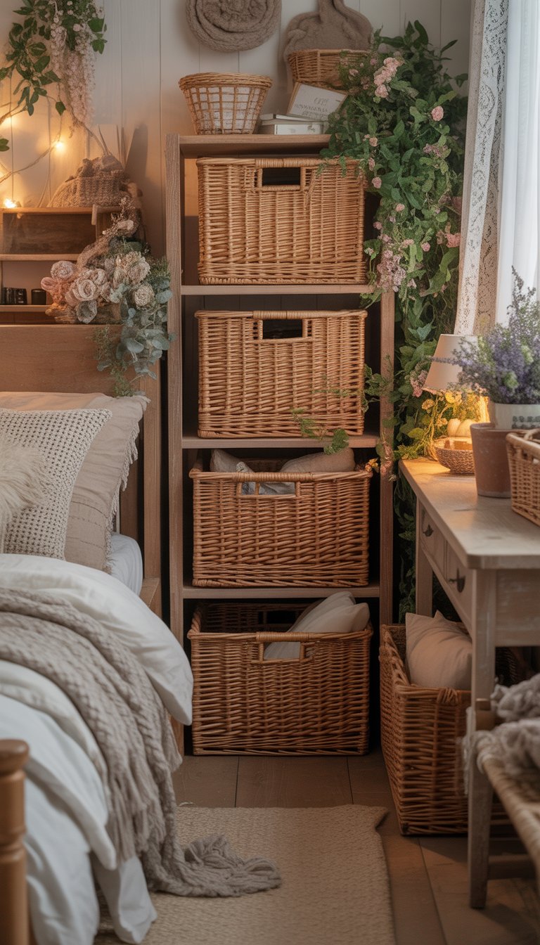 A cozy bedroom with woven wicker baskets used for storage, wooden furniture, plants, and soft bedding.