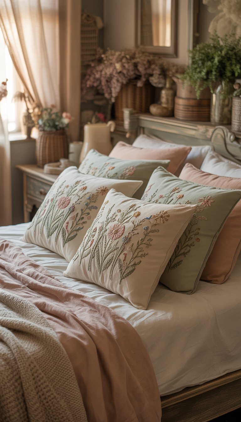 A cozy bedroom with wooden bed adorned with floral embroidered throw pillows and soft natural lighting.