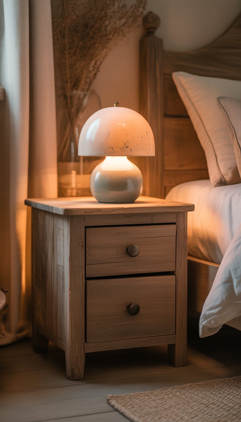 A rustic wooden nightstand with a ceramic lamp next to a bed in a cozy bedroom.