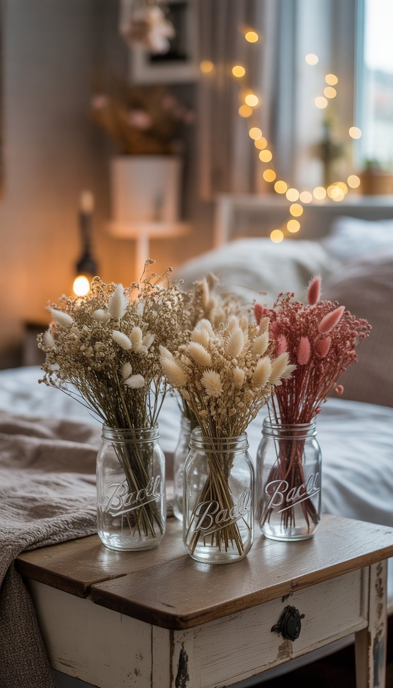 Dried flower bouquets arranged in mason jars on a wooden surface inside a cozy bedroom with soft natural light.