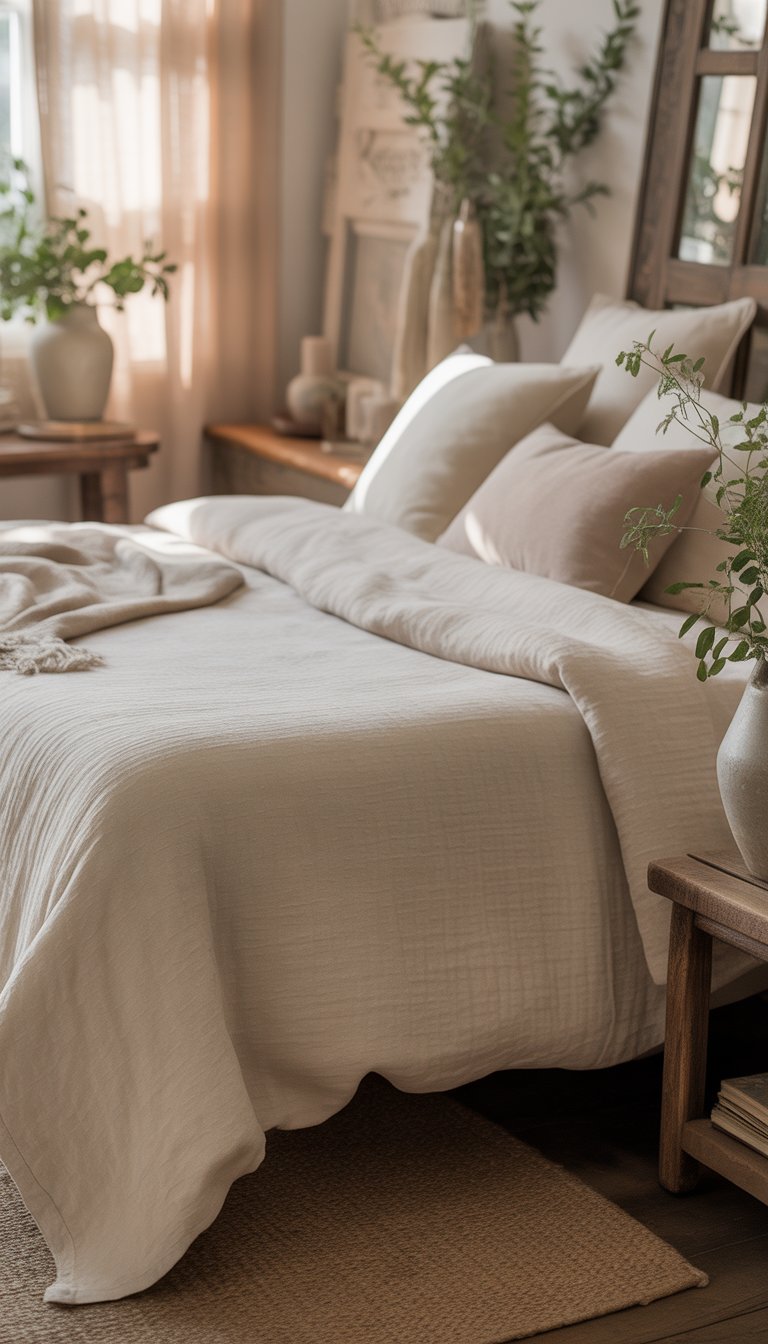 A neatly made bed with a creamy linen bedspread and pillows in a softly lit bedroom with wooden furniture and plants.