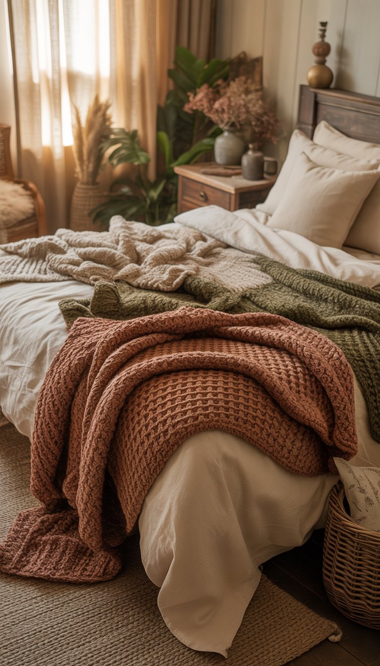 A cozy bedroom with knitted throw blankets in earth tones draped over a wooden bed, surrounded by plants and natural light.