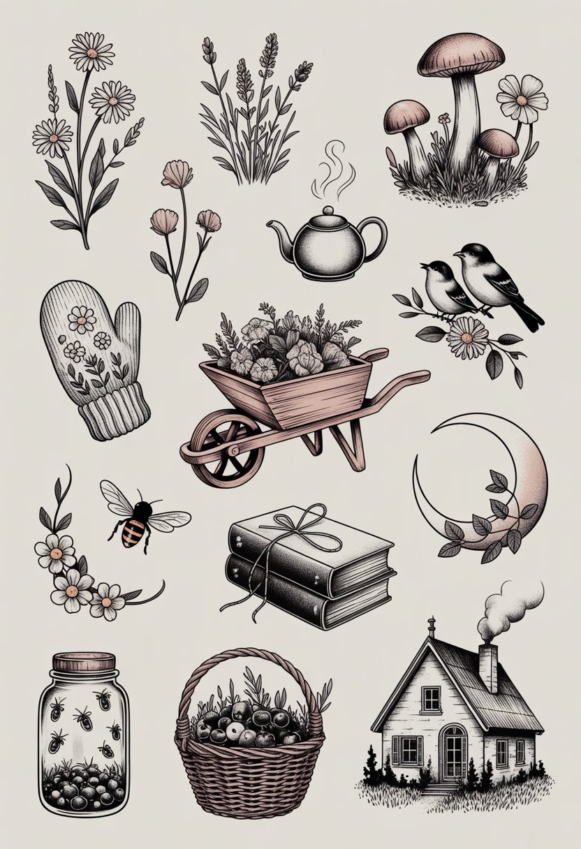 An arrangement of twelve small nature-themed tattoo designs including flowers, mushrooms, birds, a teapot, a mitten, a honeybee, a crescent moon with vines, books, fireflies in a jar, berries in a basket, and a countryside cottage.