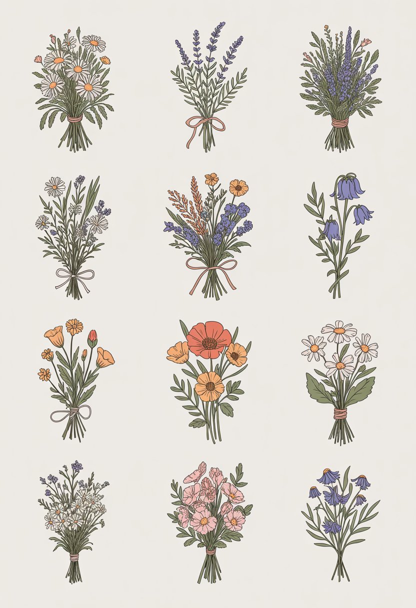 Twelve different wildflower bouquet tattoo designs featuring various small flowers and greenery arranged in delicate bunches.