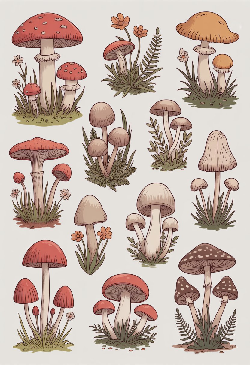 A cluster of twelve different mushrooms surrounded by small wildflowers, ferns, moss, and grasses.