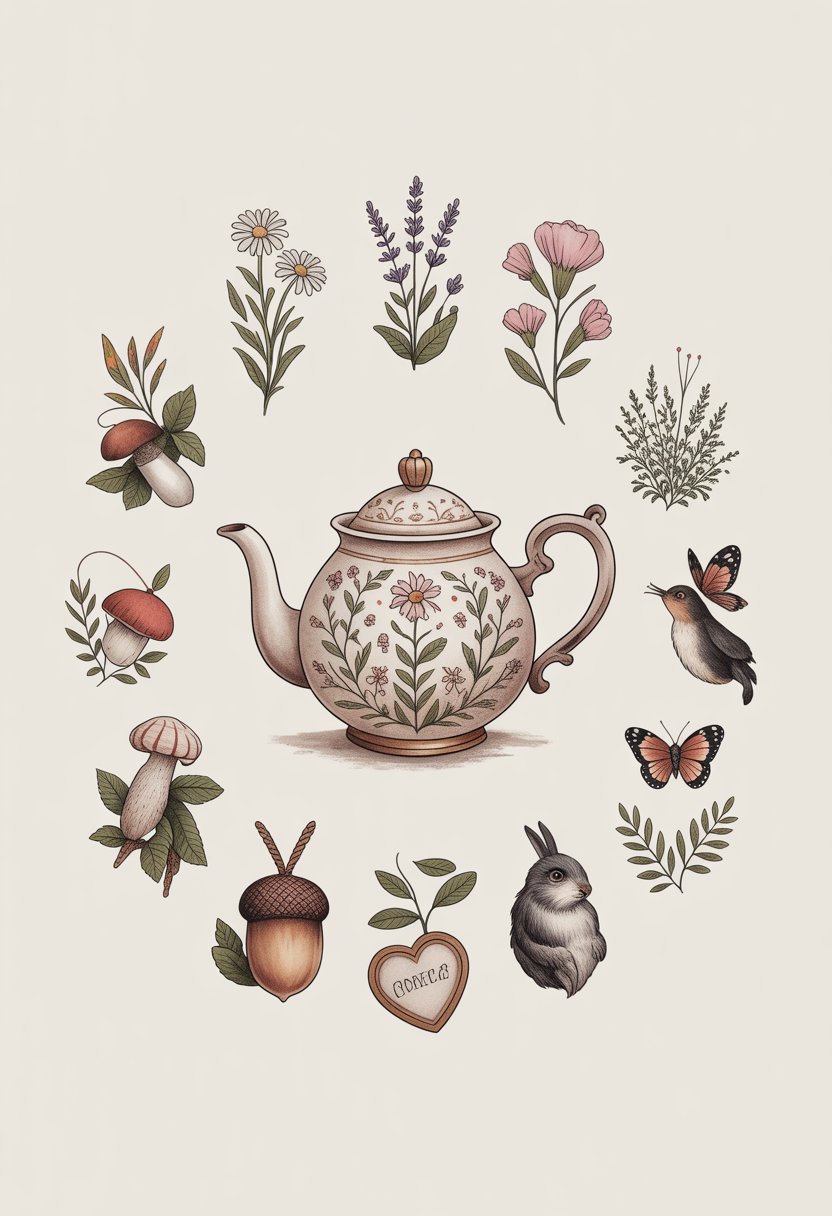 A vintage teapot surrounded by twelve small nature-inspired tattoo designs including flowers, mushrooms, animals, and cozy objects.
