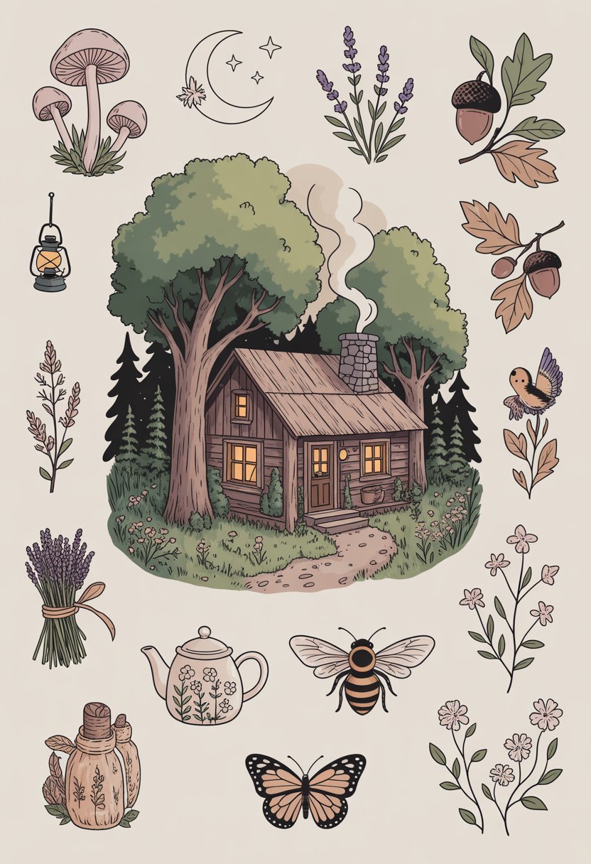 A cozy wooden cabin in a forest surrounded by trees, moss, and wildflowers with various small nature-inspired designs like mushrooms, flowers, a lantern, moon, birds, and insects arranged around it.