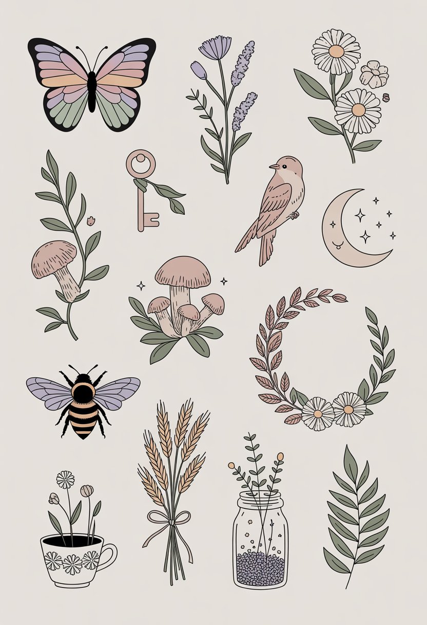 A collection of 12 delicate tattoos including a pastel butterfly, wildflowers, a vintage key with ivy, a bird on a branch, mushrooms, a crescent moon with stars, a floral wreath, a honeybee, a teacup, a wheat sprig, a jar of seeds, and a fern leaf, all arranged on a soft background.