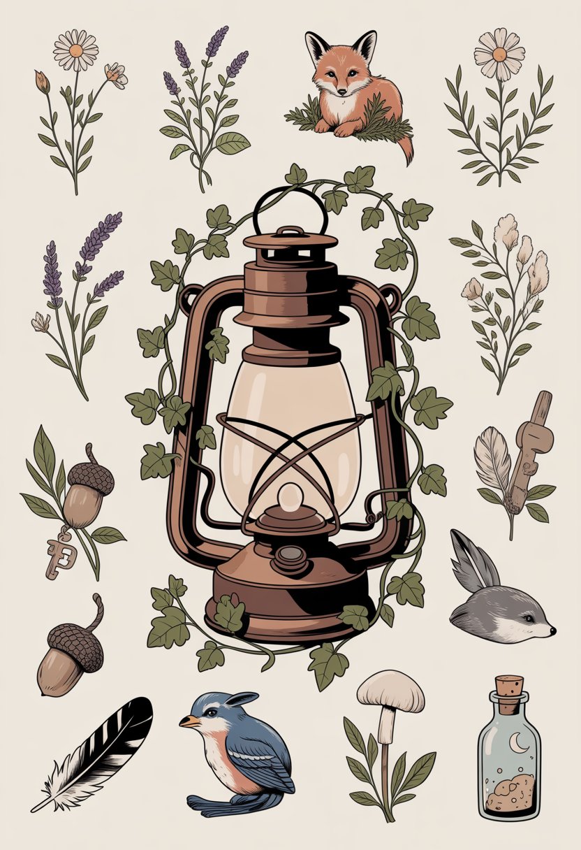 A rustic lantern wrapped in green ivy surrounded by twelve small nature-inspired tattoo designs including flowers, animals, and natural objects.
