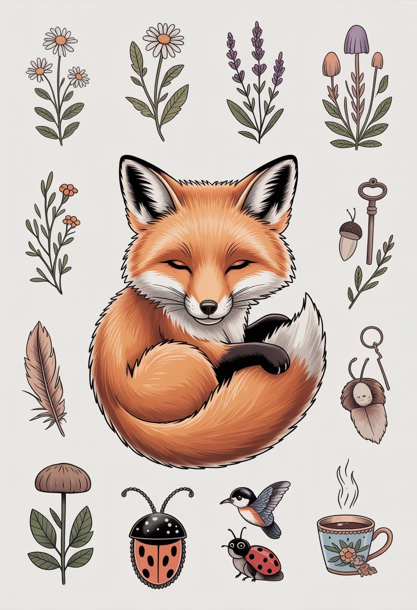A curled-up fox surrounded by twelve small nature-inspired tattoo designs including flowers, mushrooms, acorns, feathers, and small woodland animals.