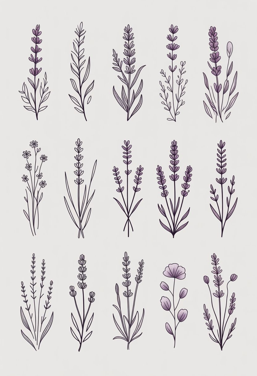 Twelve small lavender sprigs arranged neatly, each with slight variations in shape and detail, accompanied by small flowers and leaves on a light background.