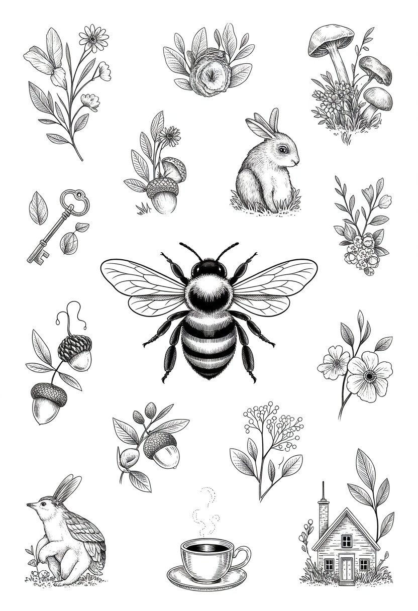 A detailed hand-drawn honeybee surrounded by twelve small nature-themed tattoo designs including flowers, mushrooms, animals, and rustic objects.